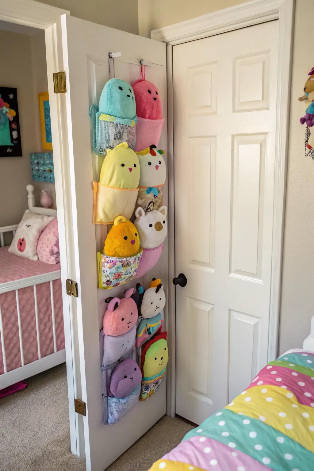 Over-the-door storage helps organize Squishmallows efficiently.