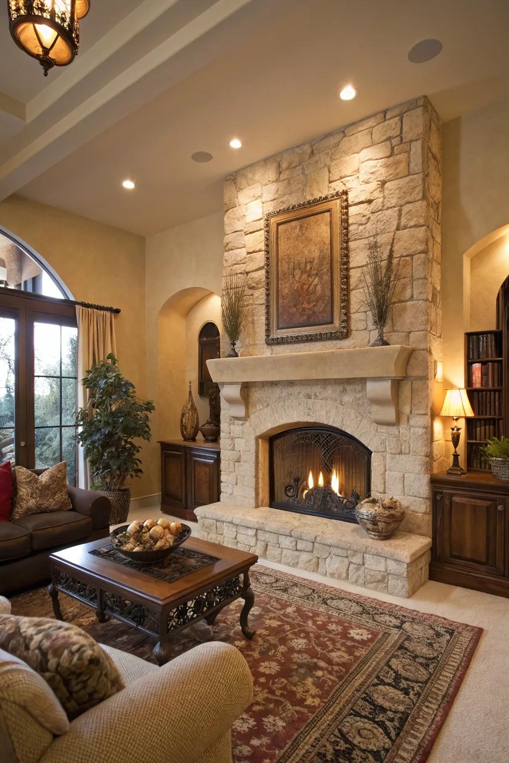 Stucco and stone come together to create a breathtaking fireplace centerpiece.