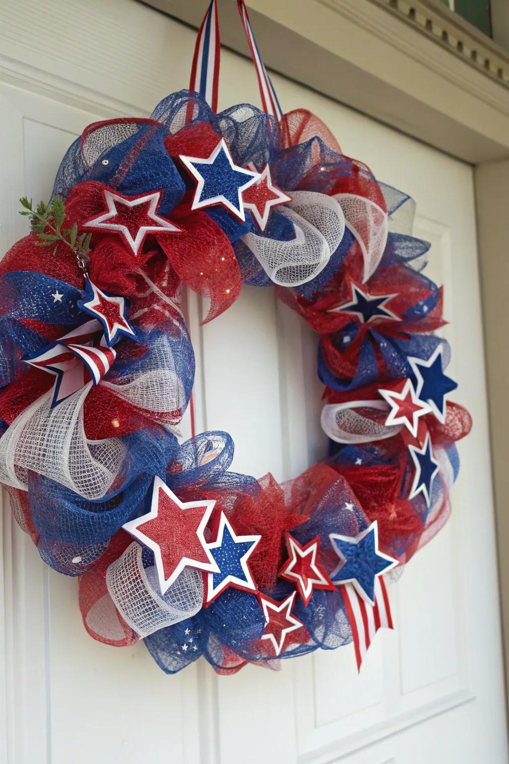 A patriotic pride mesh wreath that celebrates summer and country.