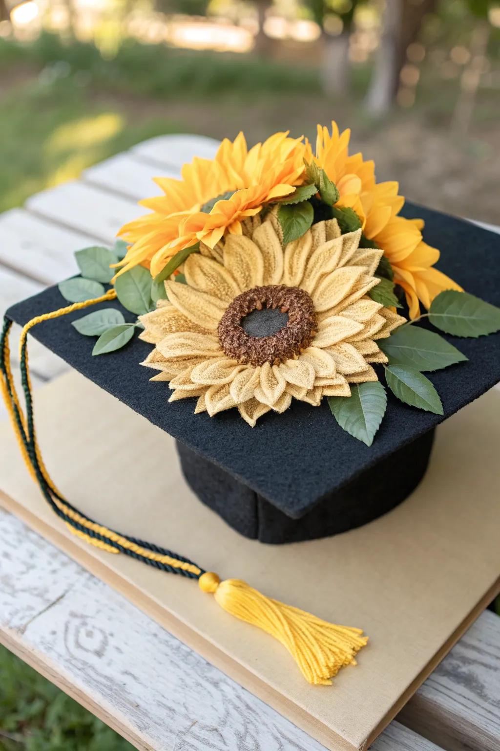 Celebrate new beginnings with a handcrafted sunflower centerpiece on your graduation cap—where simplicity meets natural beauty.