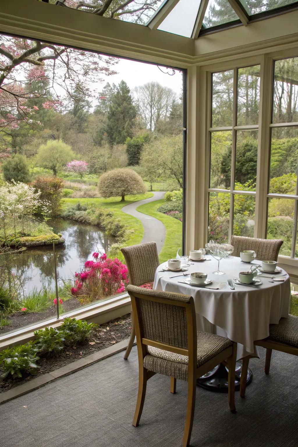 A charming dining area in a sunroom with a picturesque garden view.