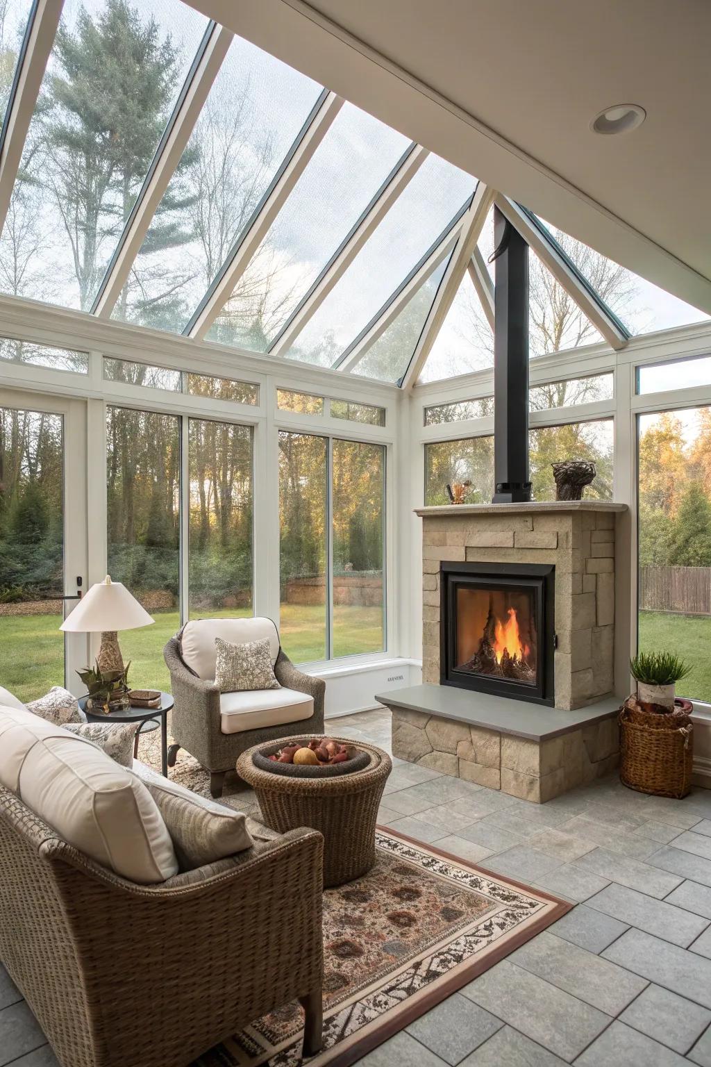 A corner fireplace with glass panels creating an open and warm atmosphere in a sunroom.