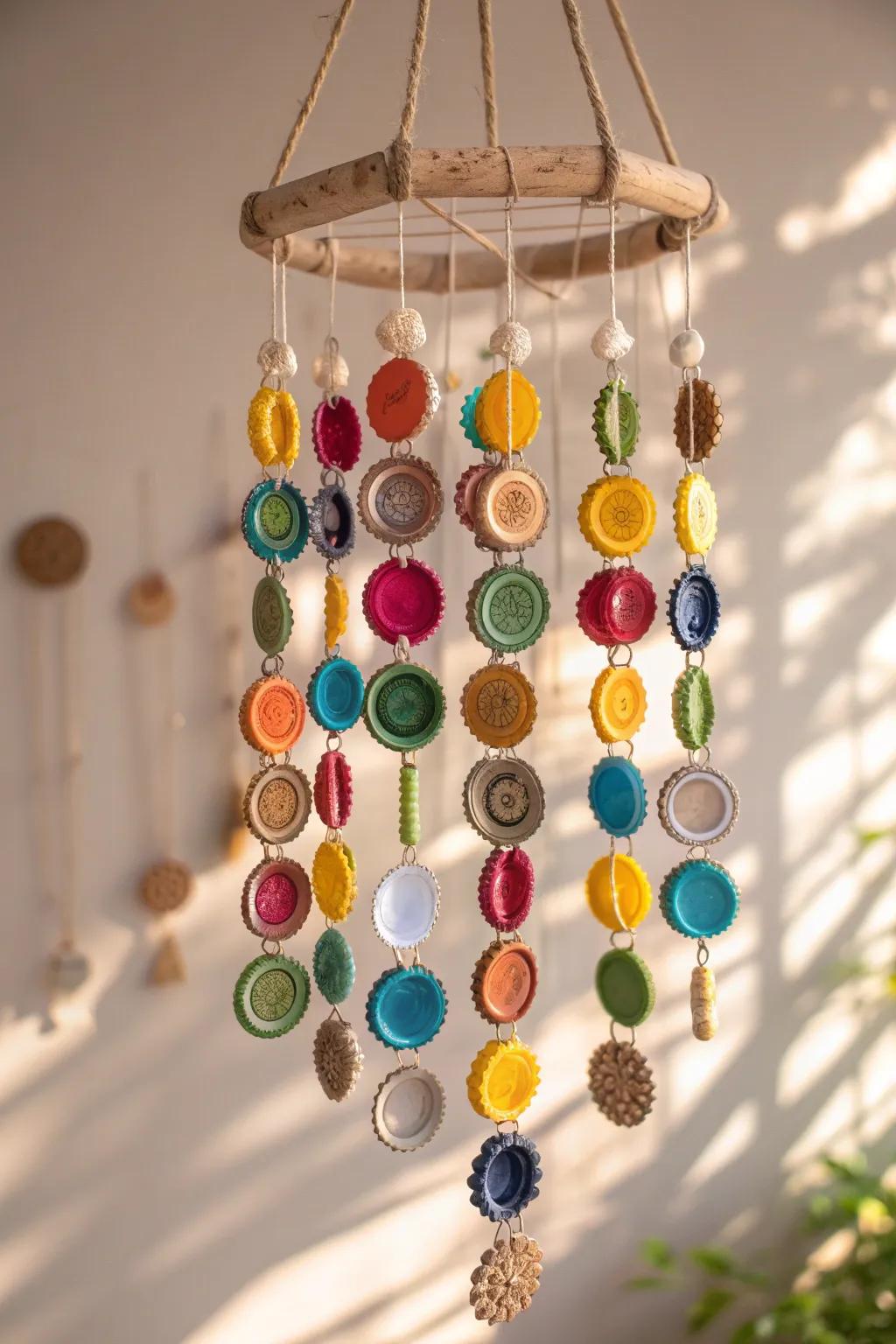 Elevate your space with sustainable beauty: a bottle cap mobile that tells a story of creativity and eco-consciousness.