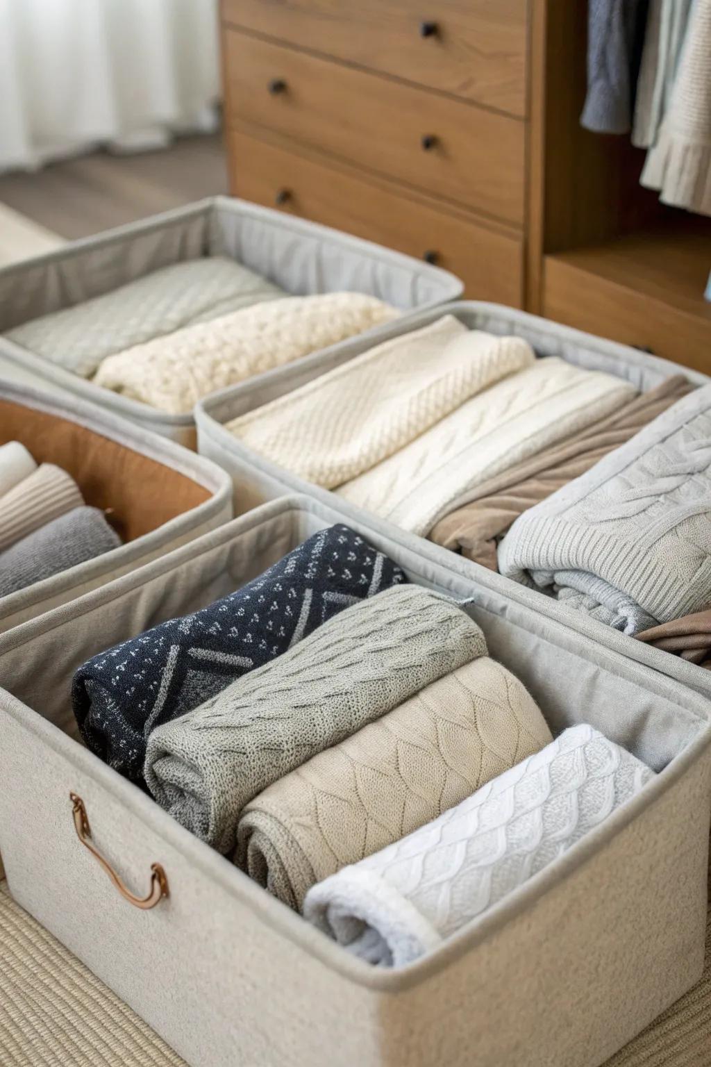 Under-bed bins provide hidden storage for seasonal sweaters.