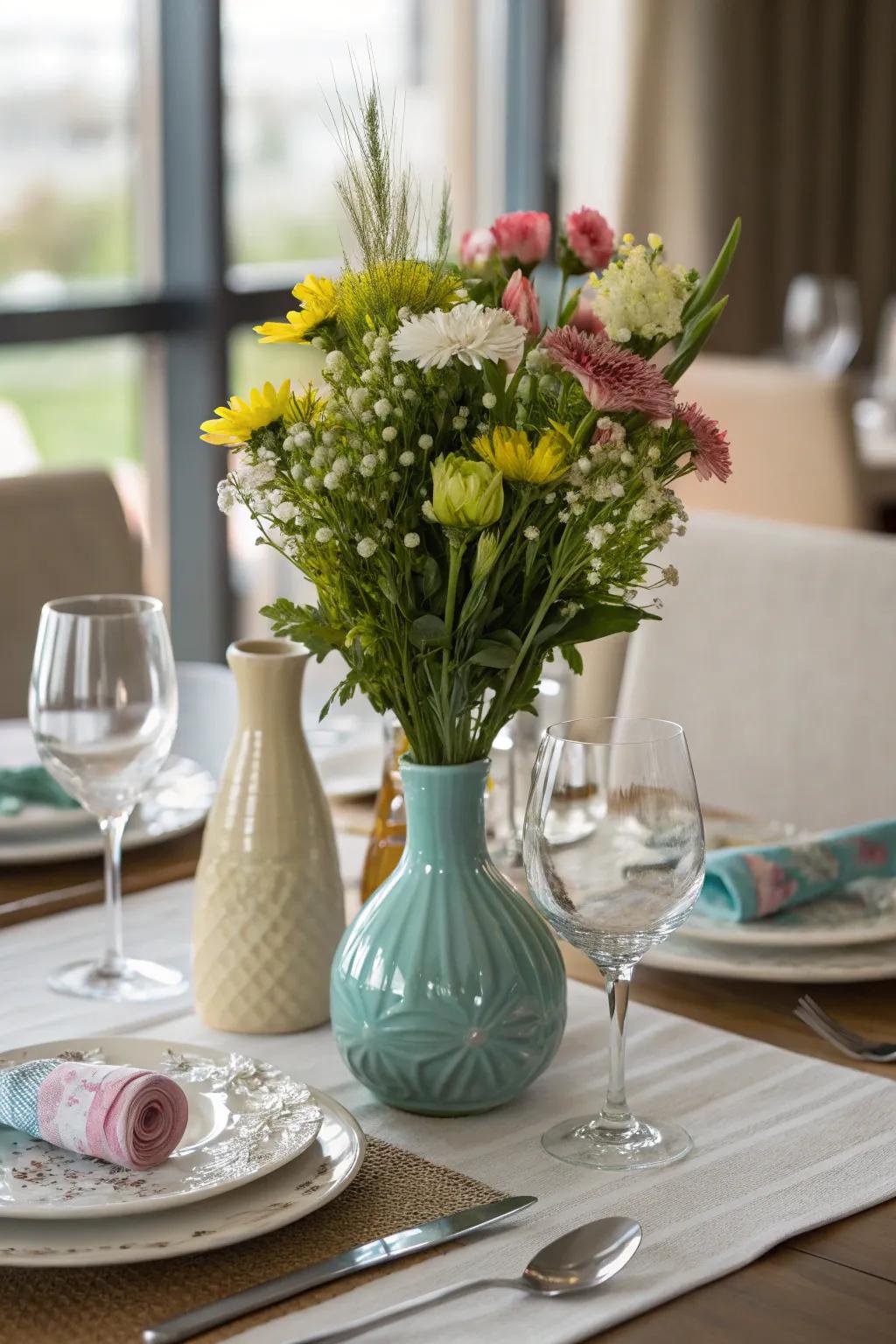 Mixing vases of different styles creates visual interest.