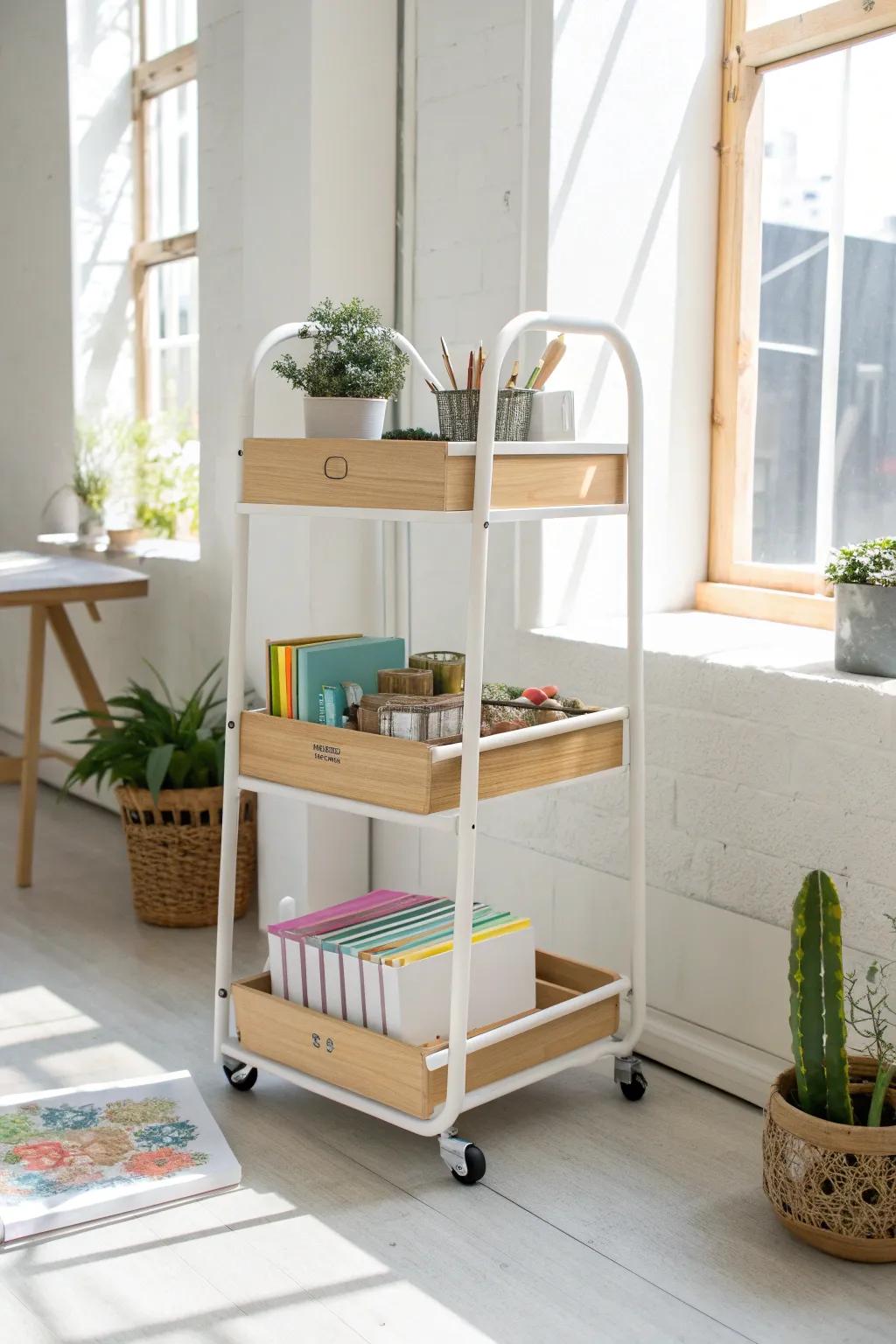 Organize with Elegance: This minimalist rolling cart brings style and flexibility to your classroom space.