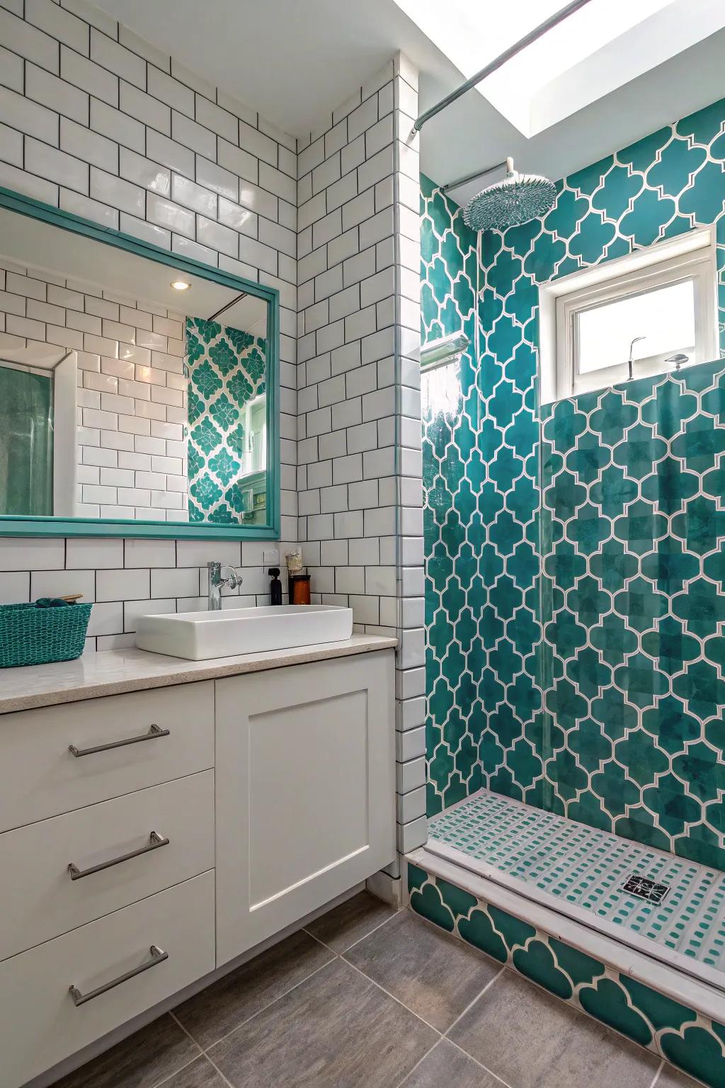 A bathroom blending teal arabesque and white metro tiles for a modern twist.