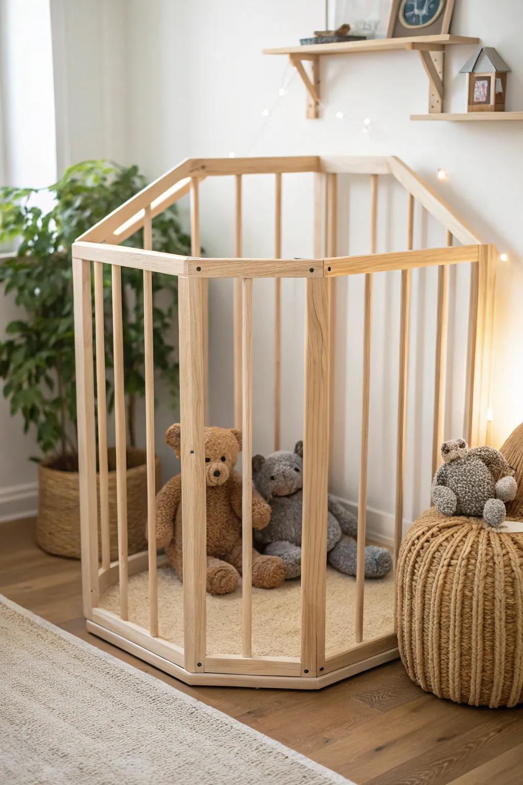 Embrace minimalism with a touch of boho charm: organize your plush pals in style with a corner cage.