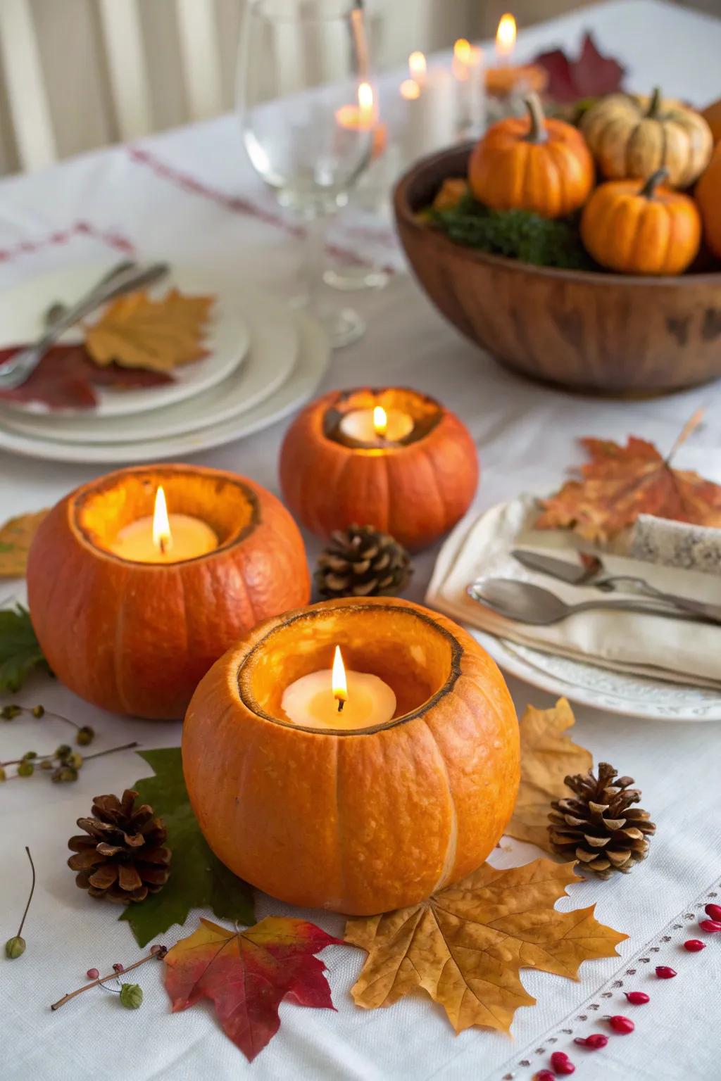 Mini pumpkins transformed into candle holders, a delightful way to celebrate the season.