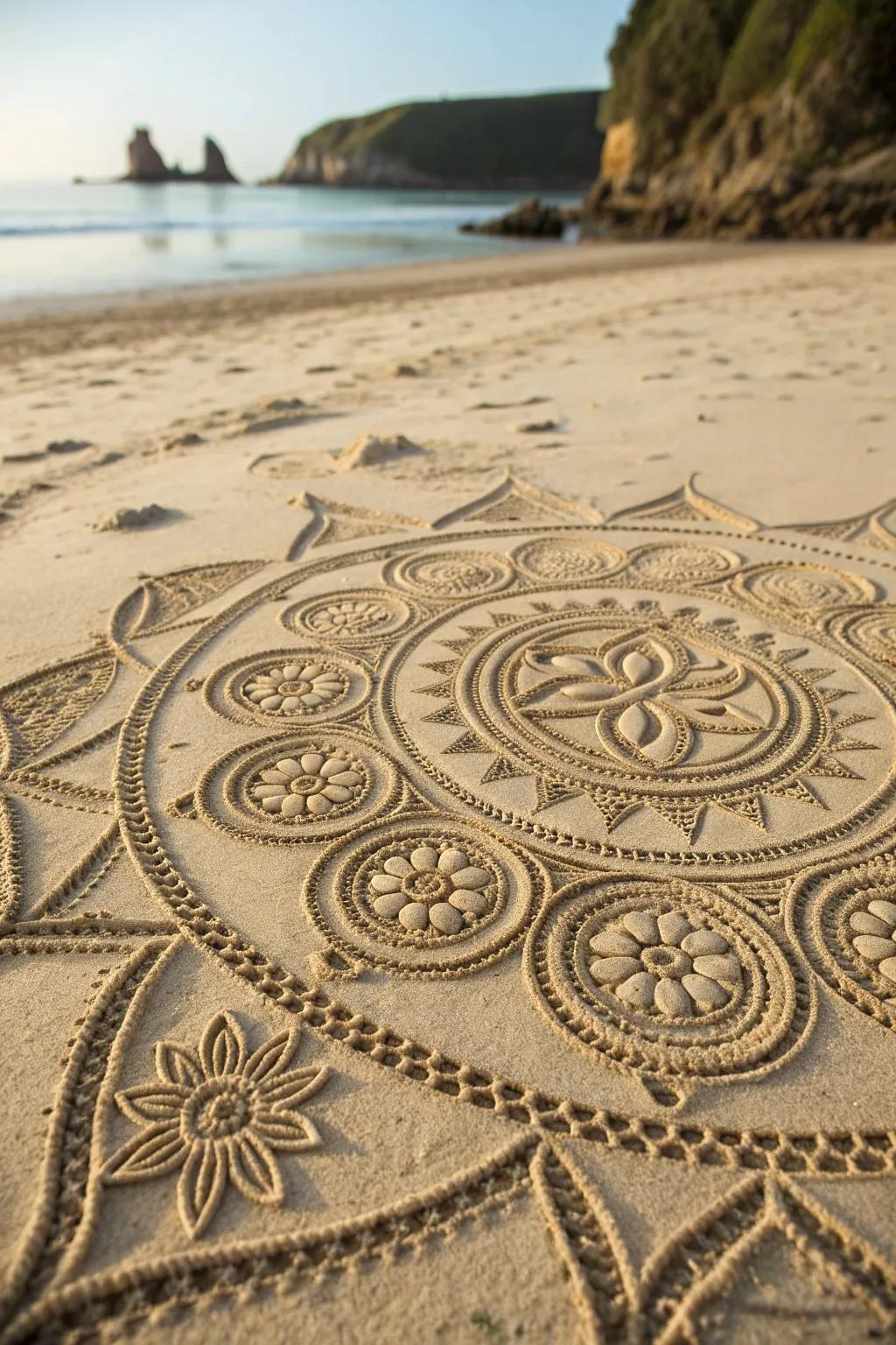 Embrace tranquility with sand art mandalas at the beach, where nature meets creativity.