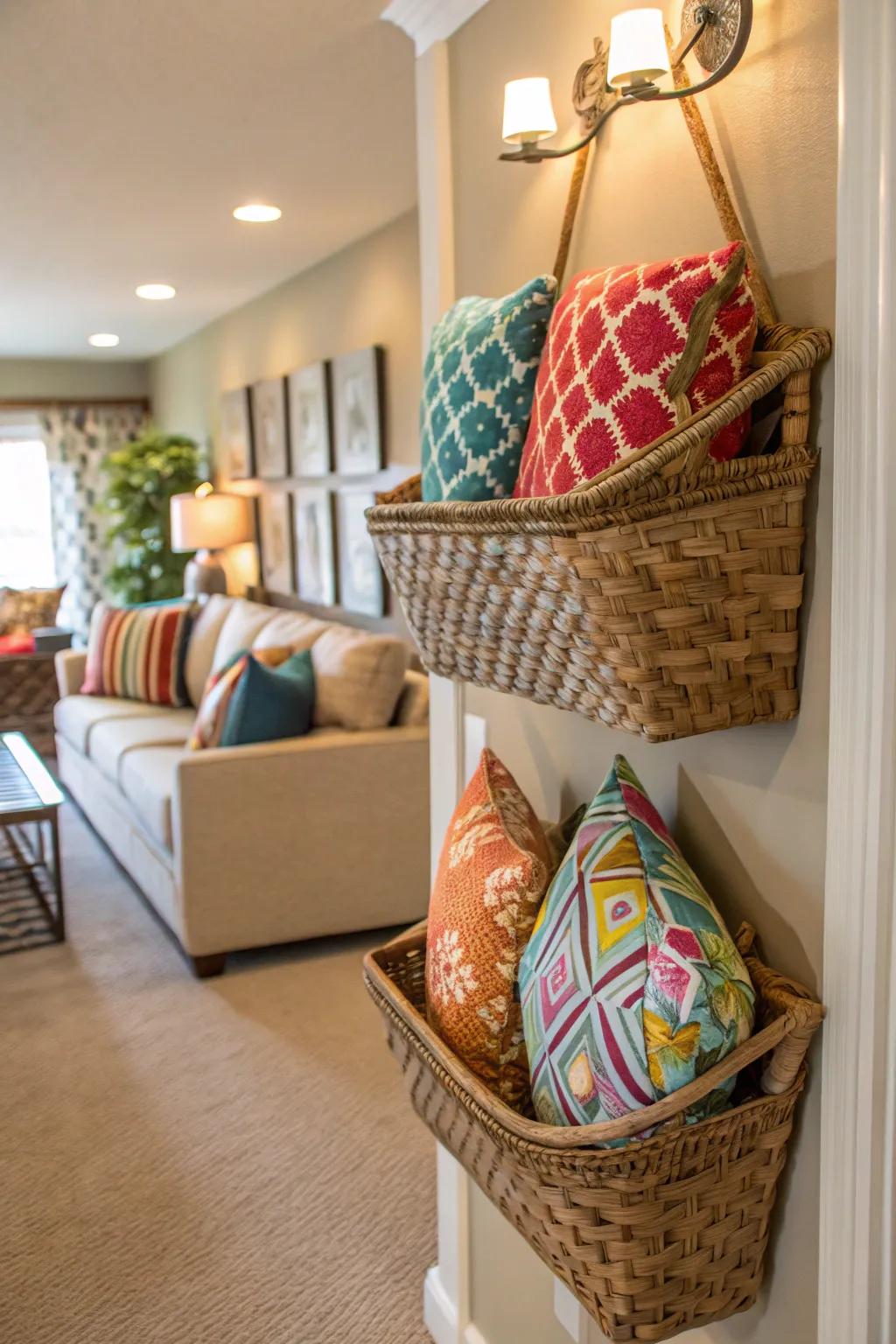 Woven baskets mounted on the wall, storing decorative pillows.