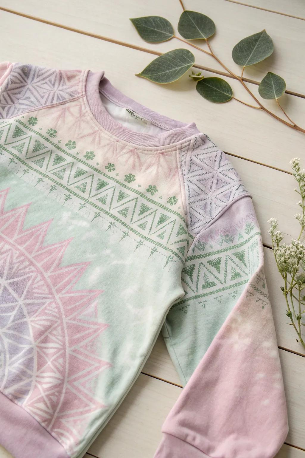 Elevate your style with geometric tie-dye elegance — where art meets fashion in soothing pastels.