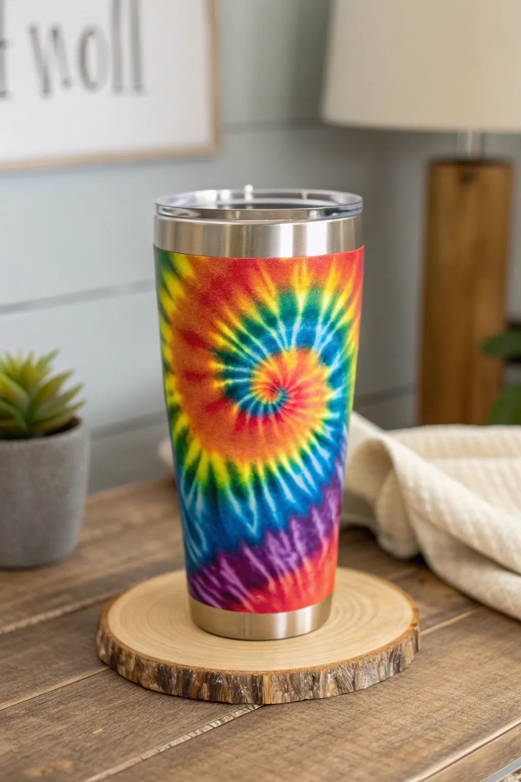 Add a splash of color to your day with this vibrant rainbow tie dye tumbler!