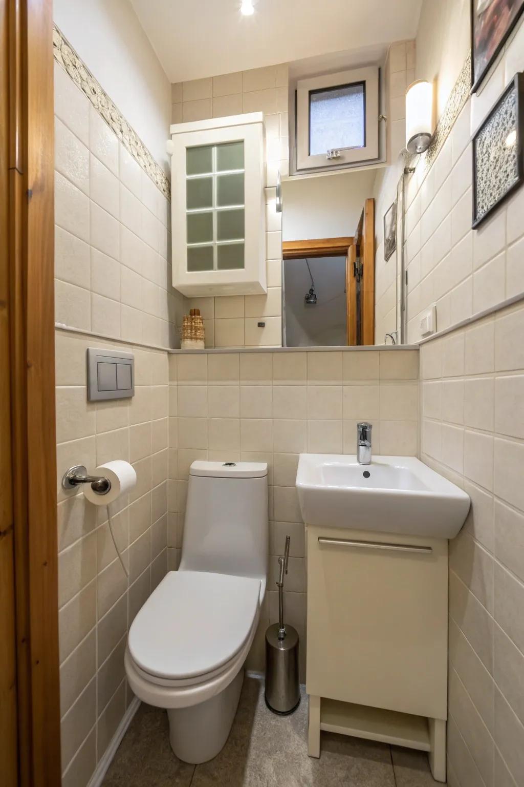 A compact toilet design maximizes space in a small bathroom.