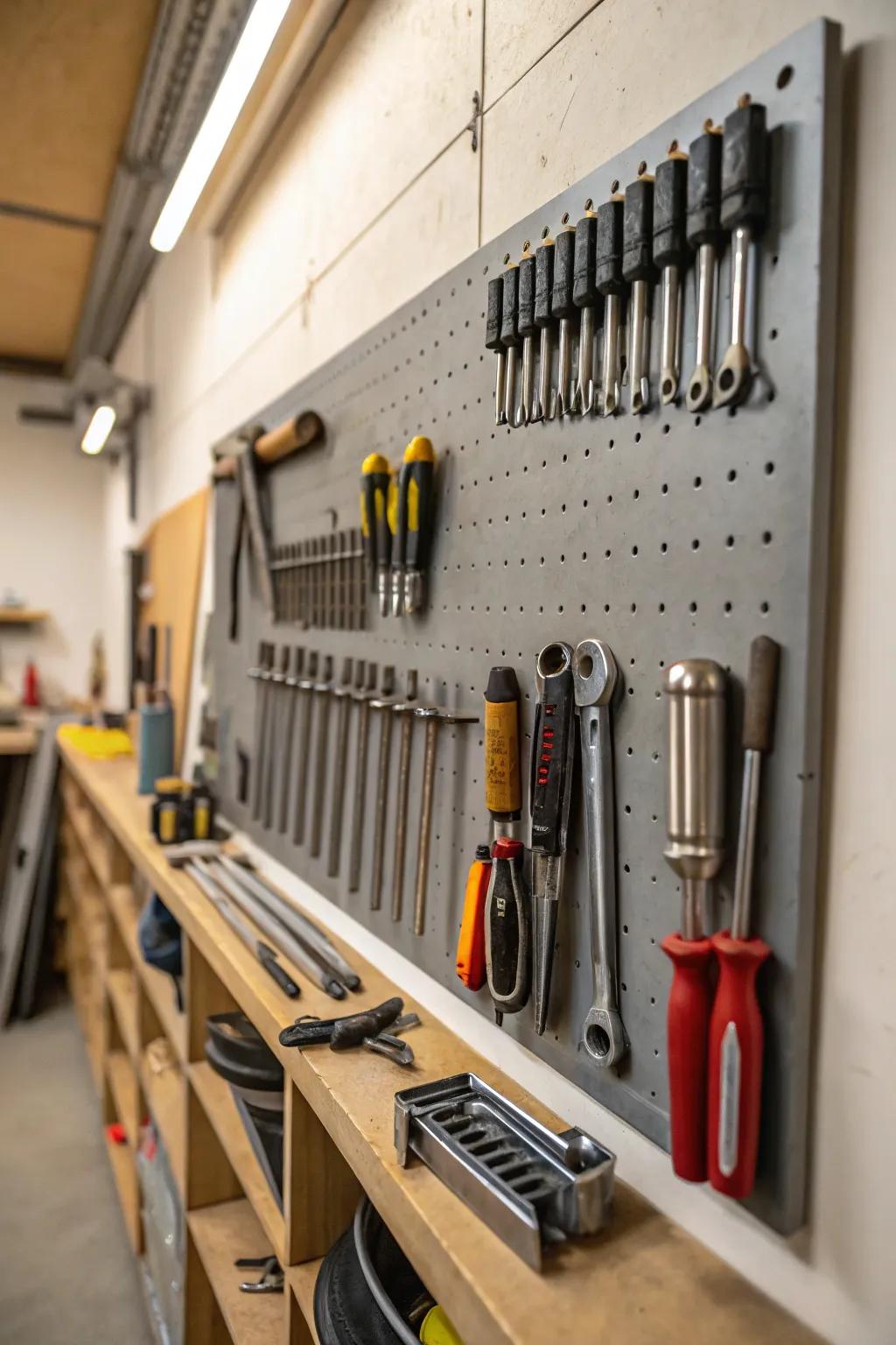 Magnetic tool holders displaying metal tools on a tool crib wall.