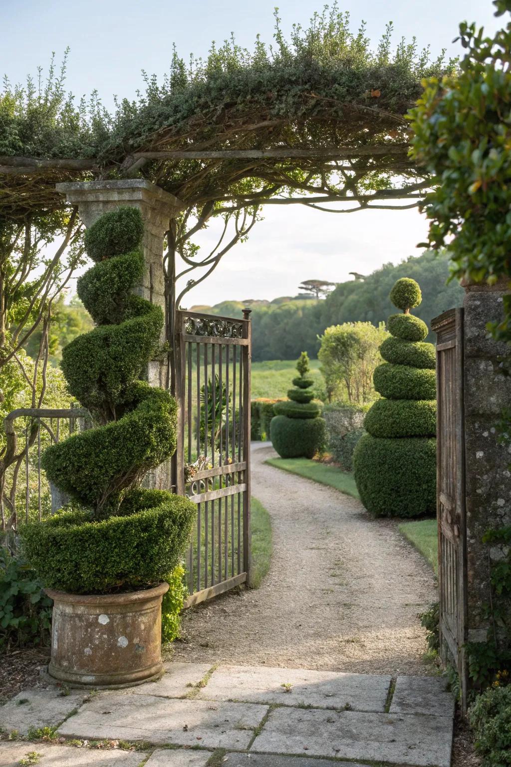 Spiral topiary creating a welcoming entrance to a garden.