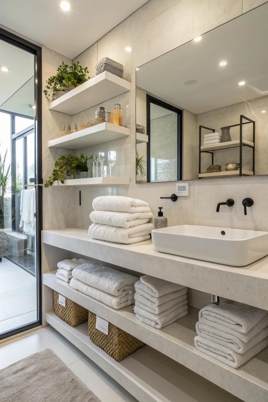 Floating shelves create a clean and accessible towel display.