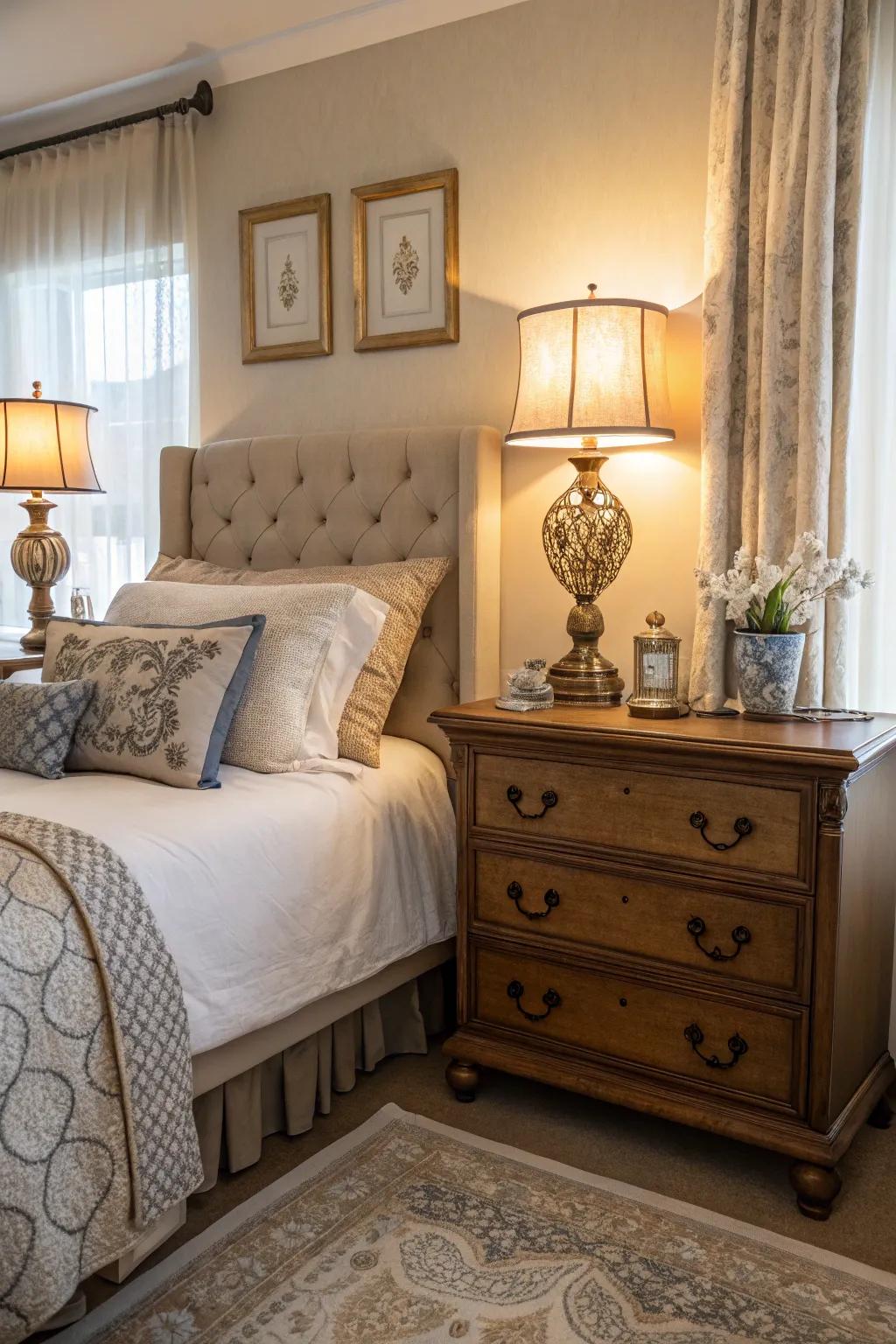 Vintage pieces add charm and a sense of history to this modern townhouse bedroom.