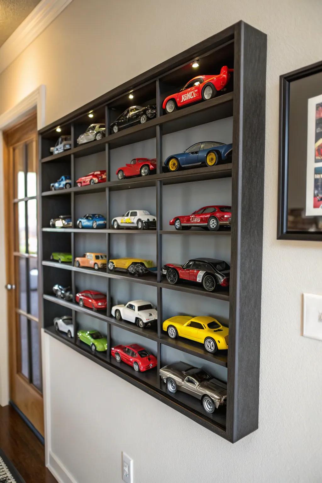 Toy cars creatively displayed in a shadow box frame.