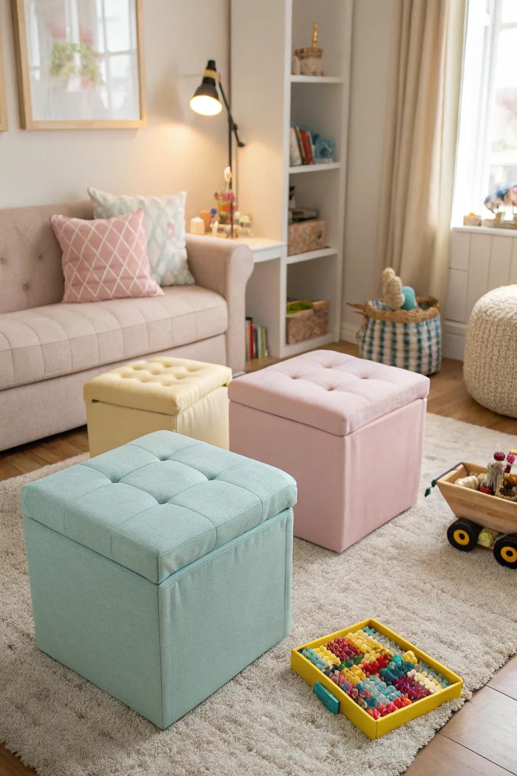 Pastel storage ottomans conceal toys effortlessly.