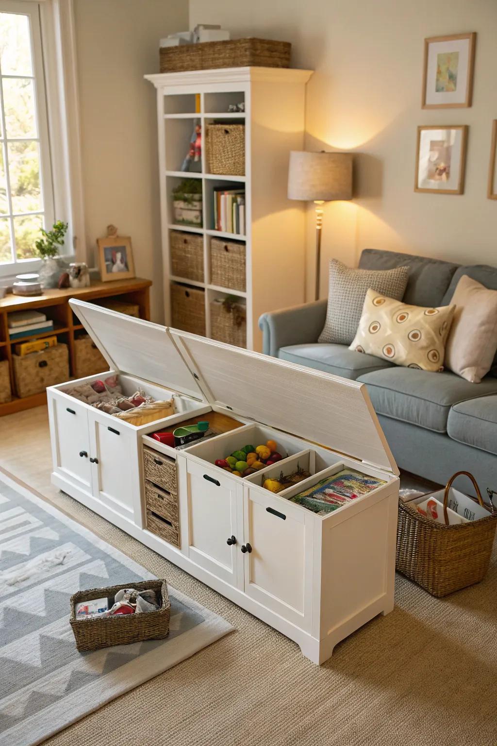 Furniture with hidden storage compartments for a tidy living room.