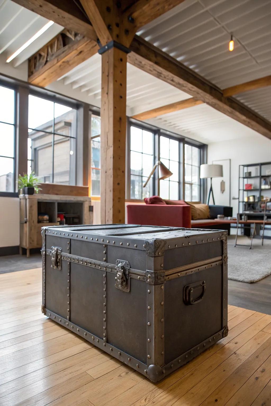 An industrial toy box with metal accents adds an urban flair to any room.