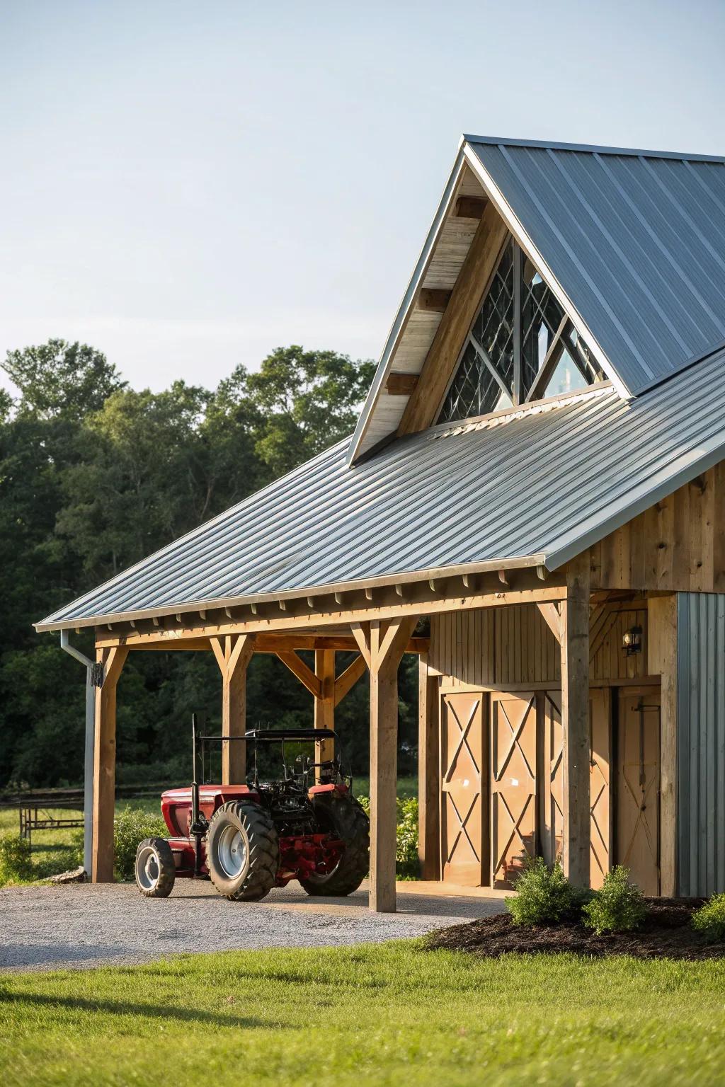 Admire the resilience and elegance of a metal-roofed tractor shed, built to endure and impress.