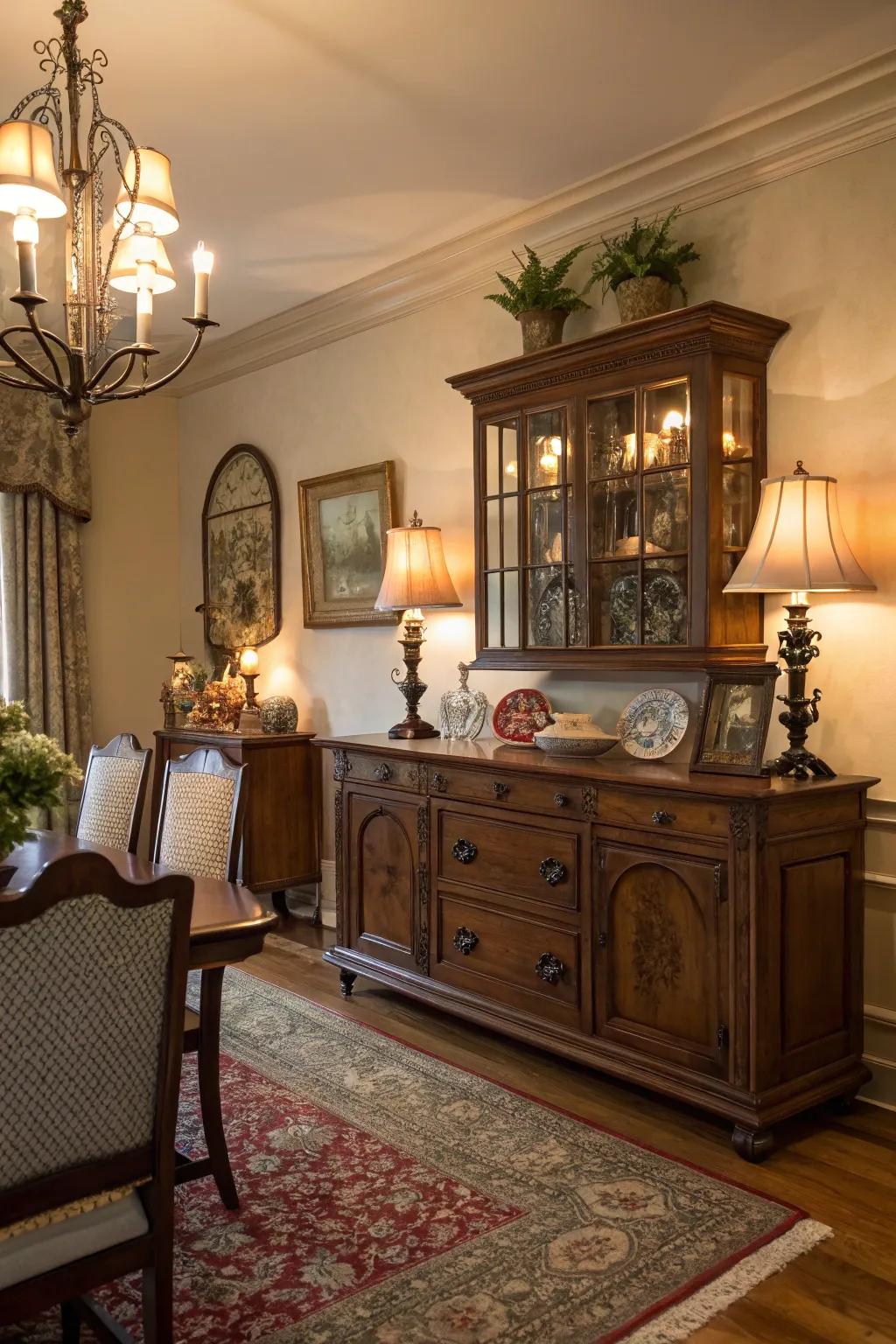 A vintage sideboard adds storage and style to the dining room.