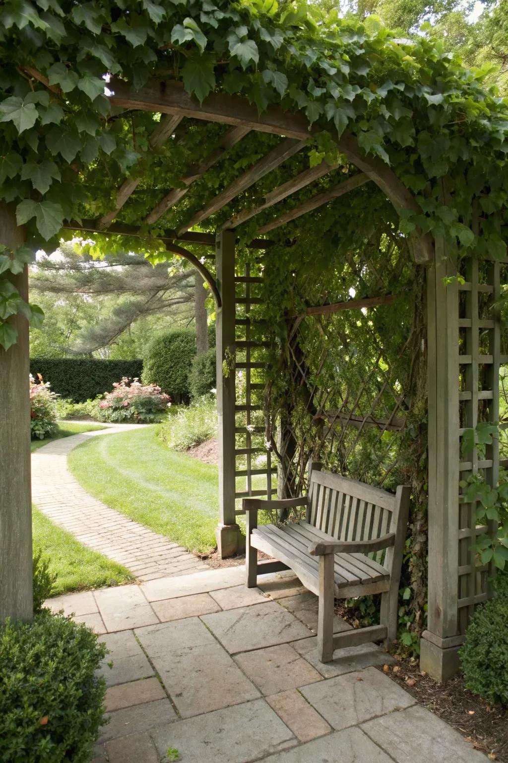 A secluded nook created by a trellis arbor.