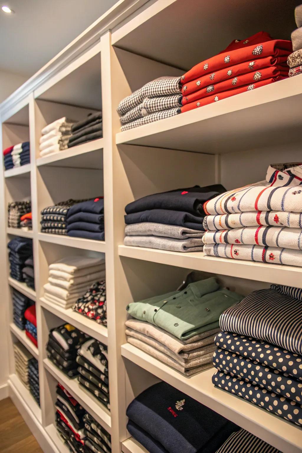 T-shirts stacked neatly on closet shelves for easy access.