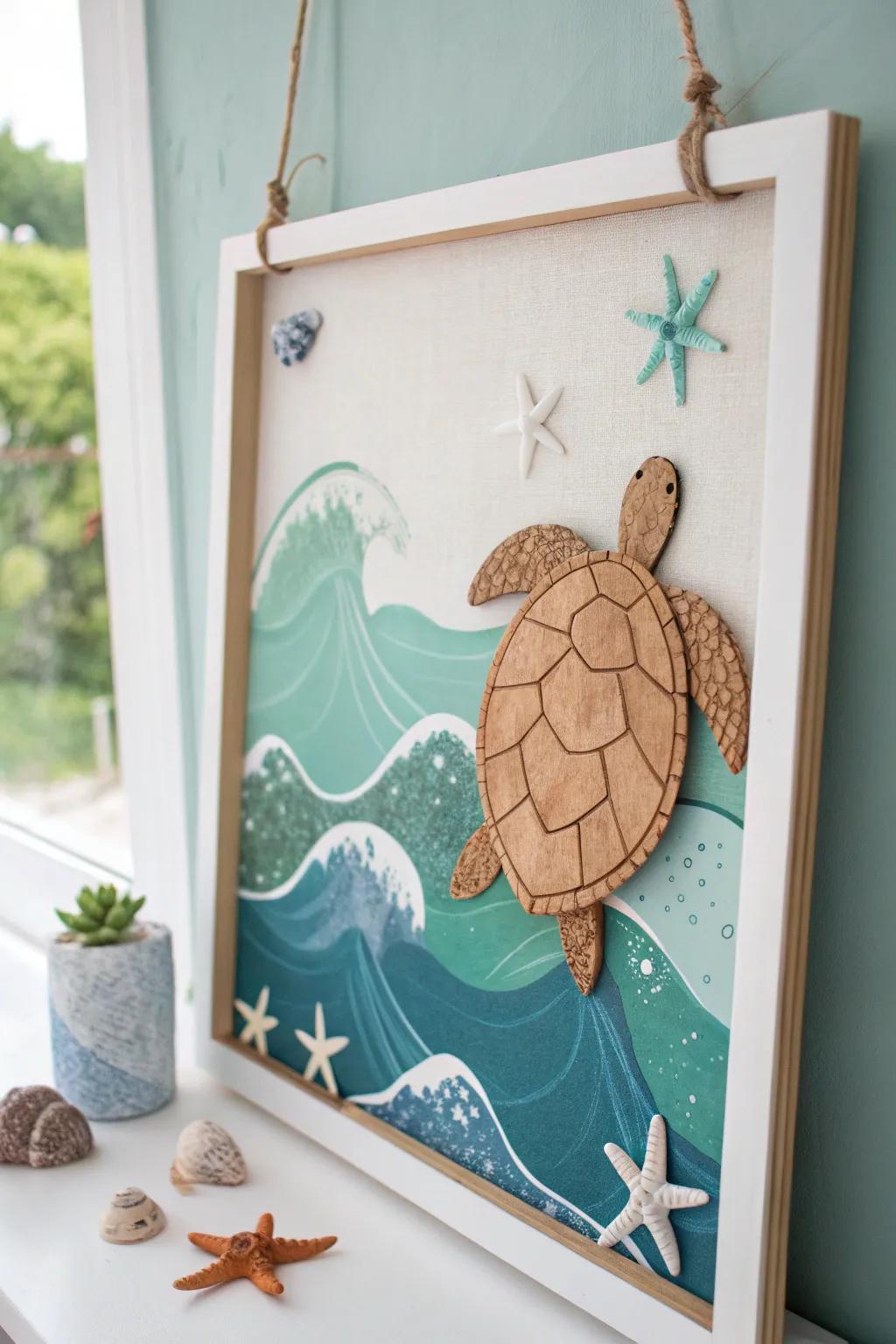 Immerse in tranquility with a handcrafted turtle set against calming ocean waves. Perfect harmony of minimalist and boho aesthetics.