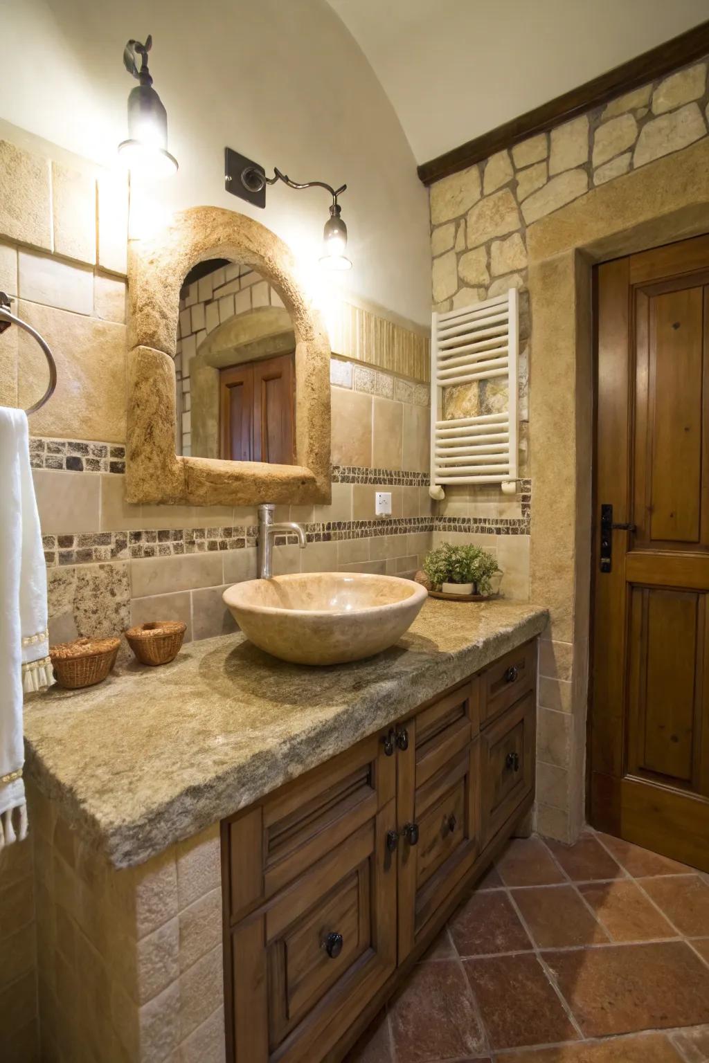 Elegant natural stone highlights in a Tuscan bathroom.