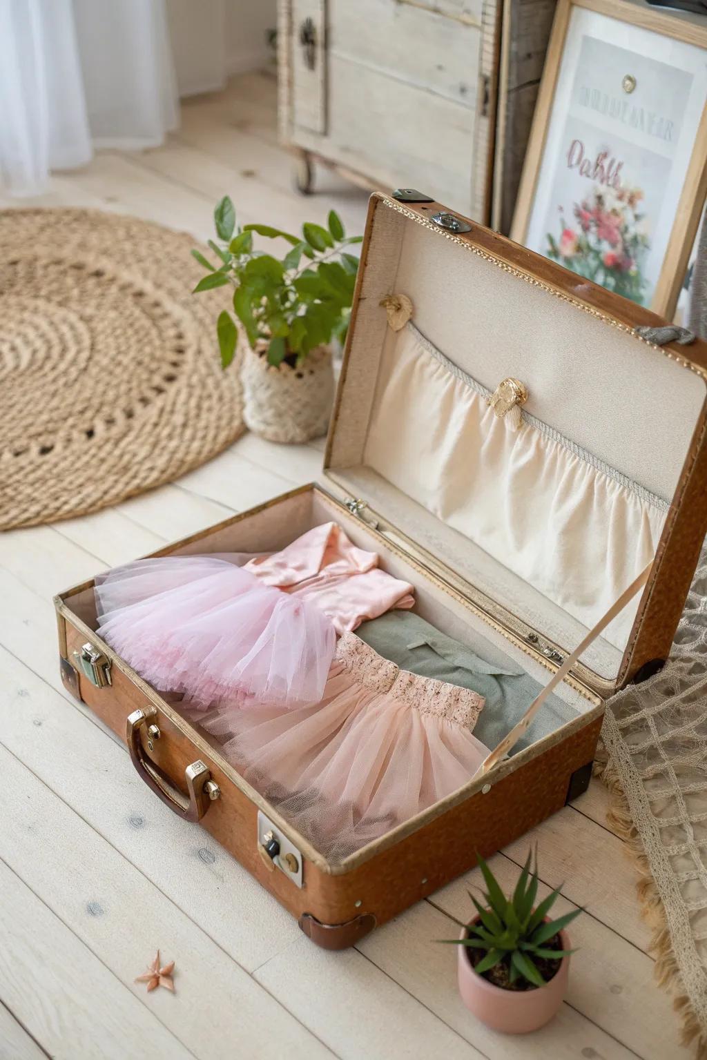 Transform nostalgia into elegance with a vintage suitcase tutu storage.