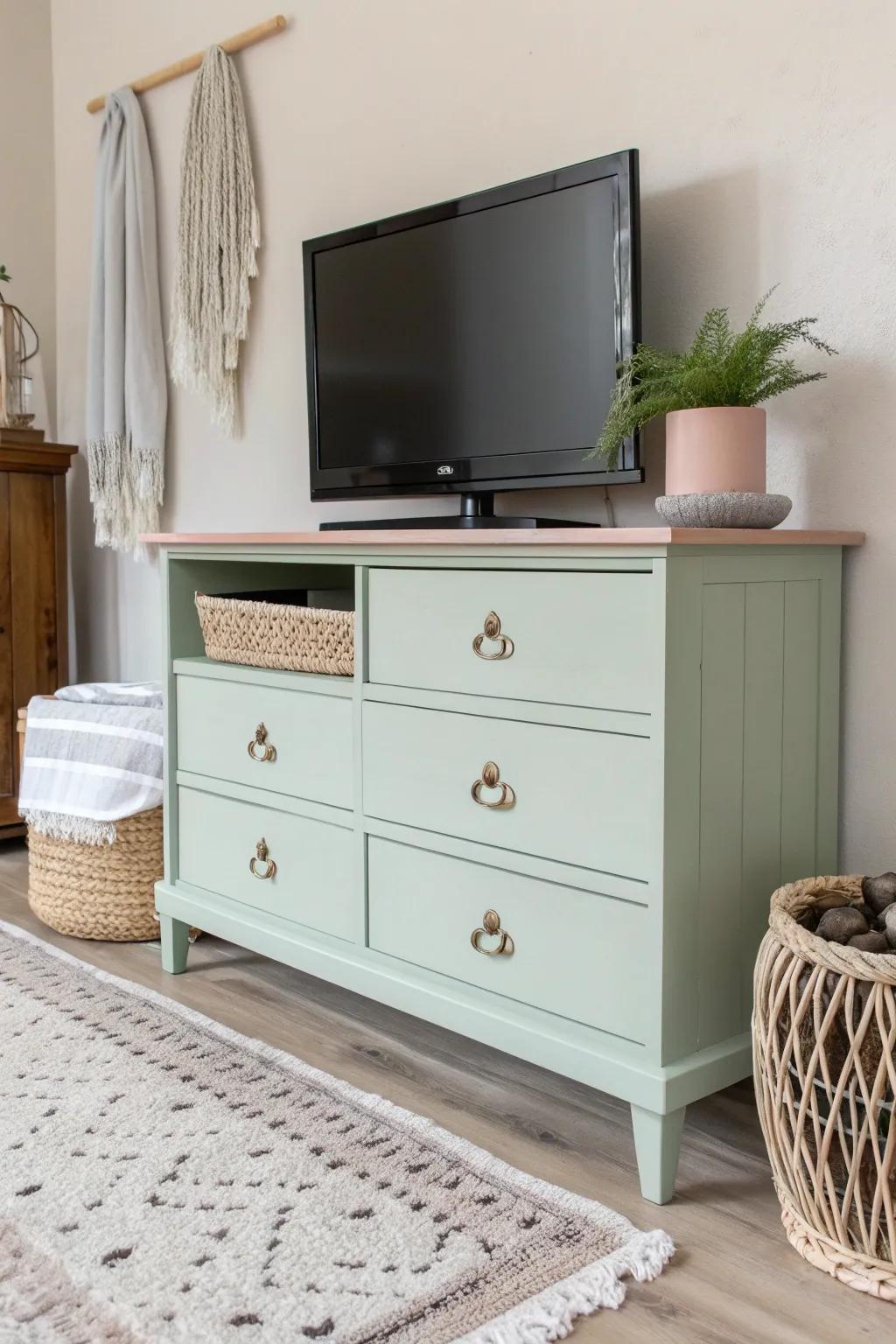Upcycle with elegance: Turn a thrifted dresser into a stunning TV riser masterpiece.