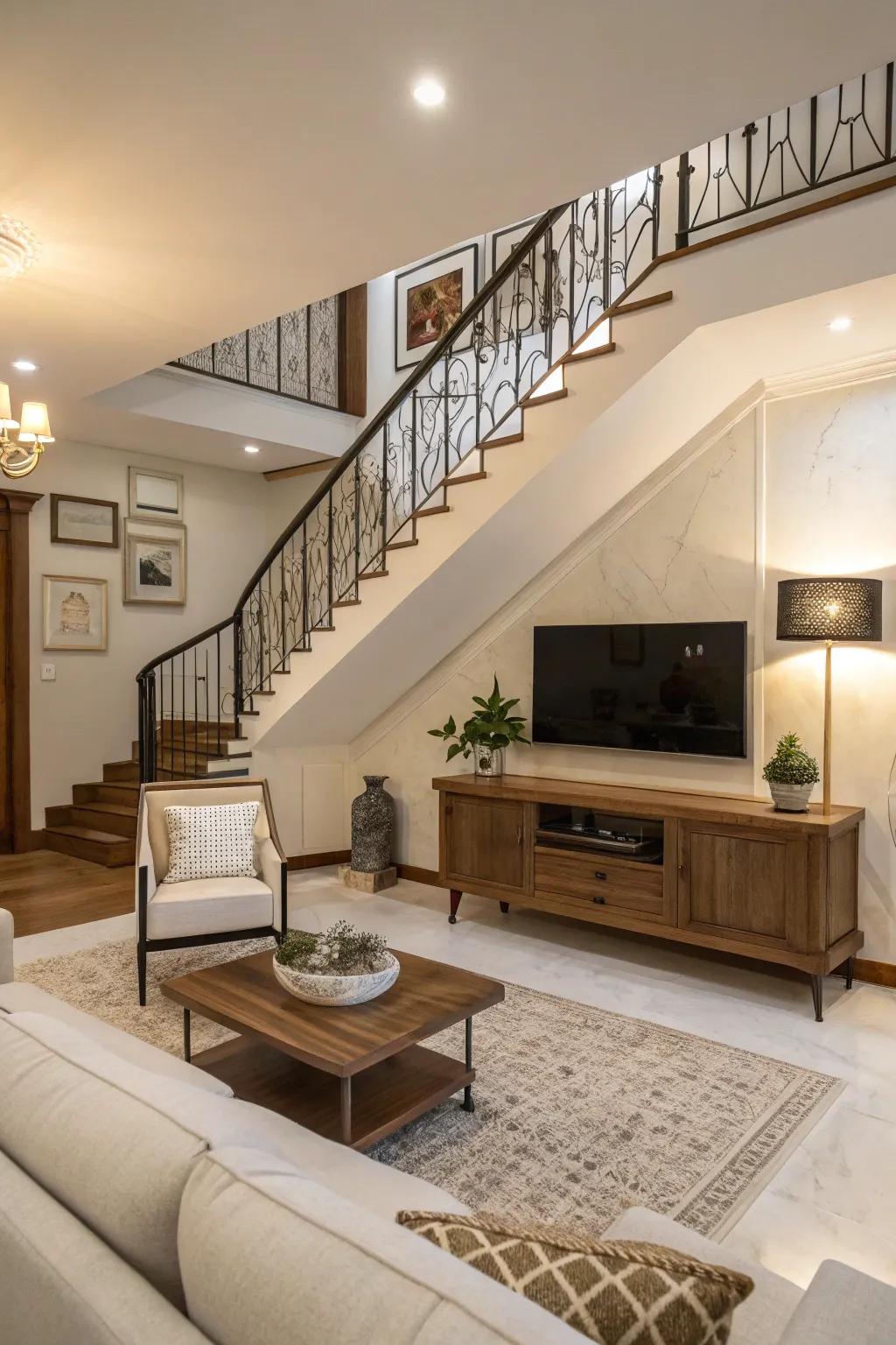 A mid-century modern living room with a stylish TV unit under the stairs.