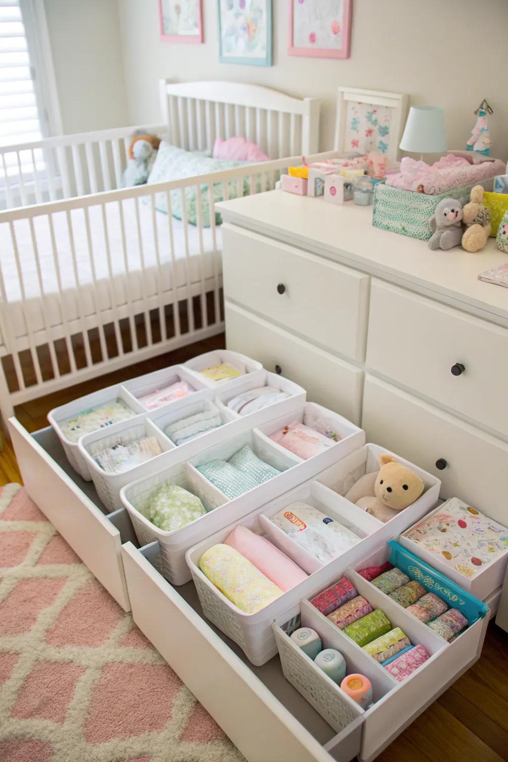 Under-crib storage: a practical solution for small spaces.