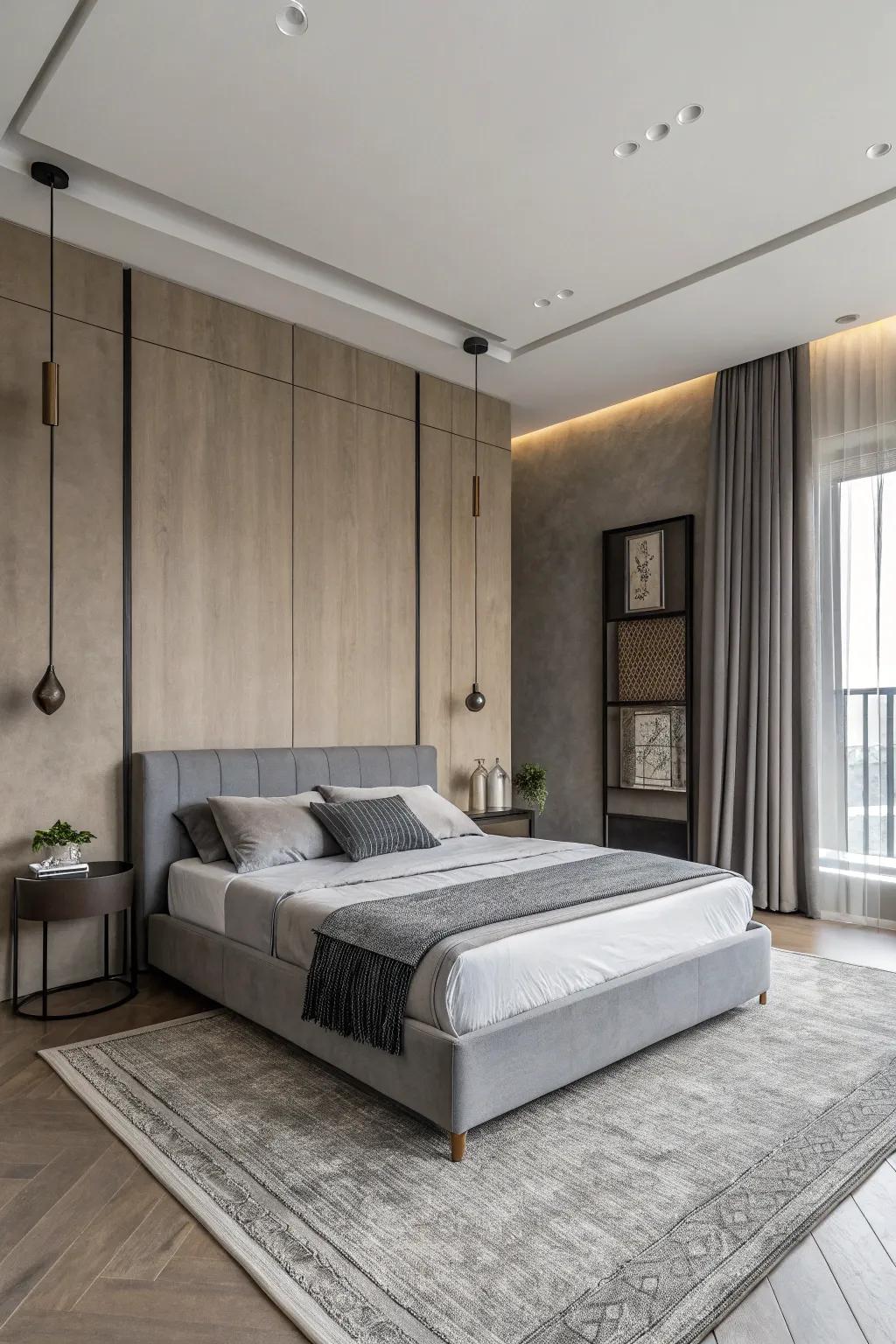 A modern and minimalist two-tone bedroom in gray and taupe.