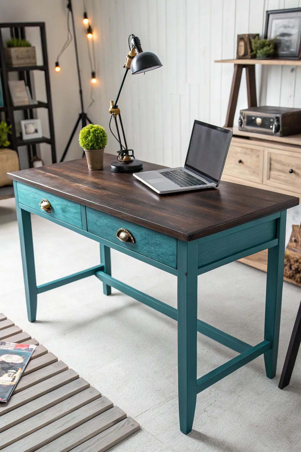 Dark wood and teal create a bold and inspiring desk setup.