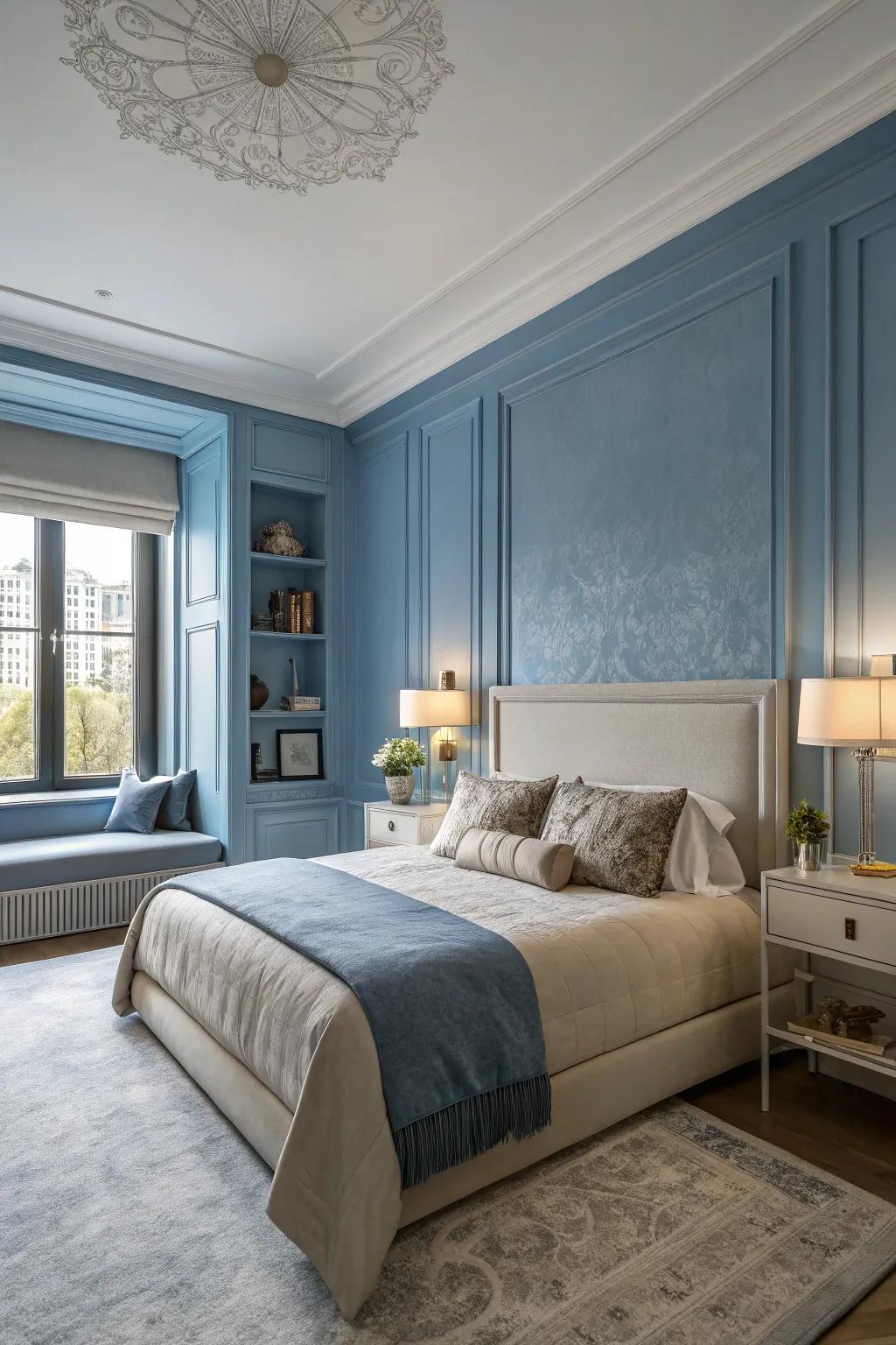 A serene bedroom with tone-on-tone blue walls.