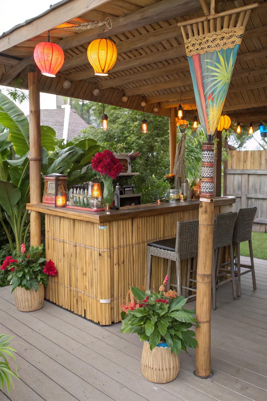 Escape to paradise with a tiki-themed under deck bar.