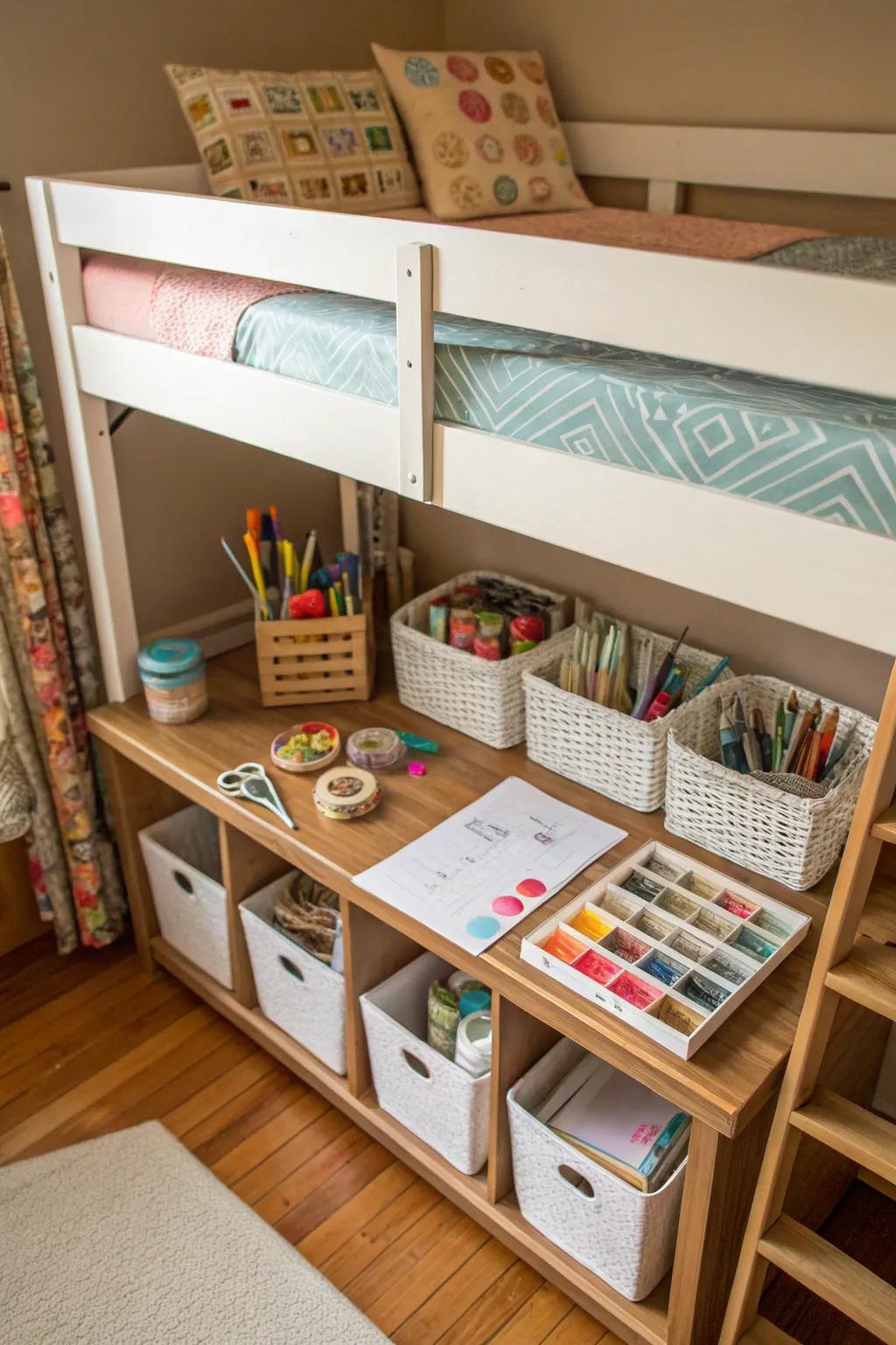 An inspiring craft station tucked under a loft bed.