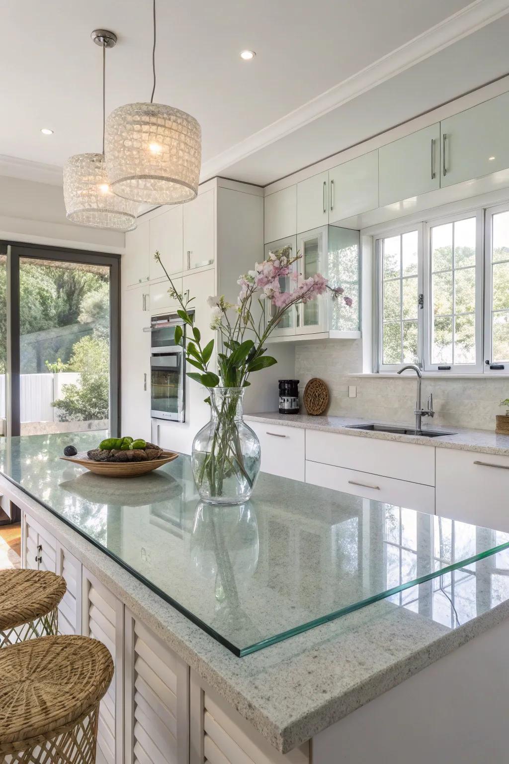 Glass countertops offer a sleek, modern aesthetic that's easy to maintain.