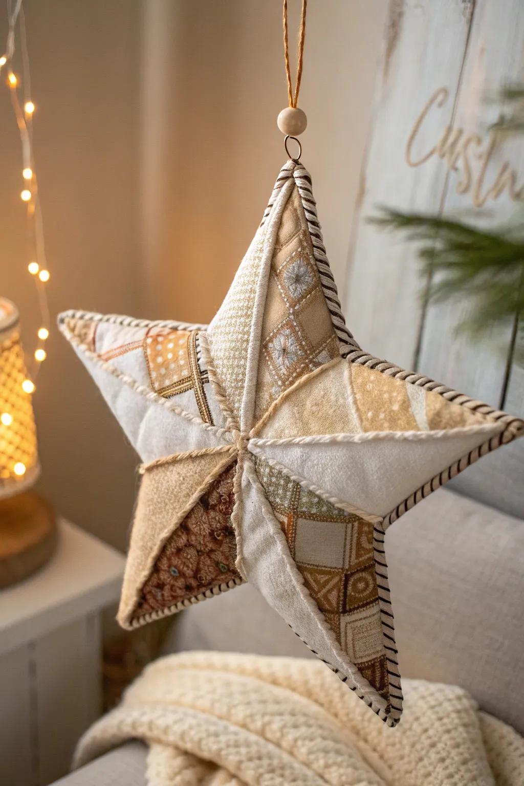 Transform fabric scraps into a stunning patchwork star for a cozy, minimalist decor touch.