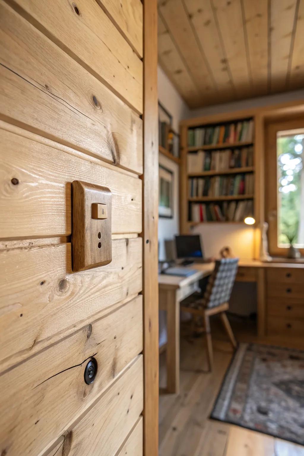 A wooden light switch that adds warmth and texture to the room.