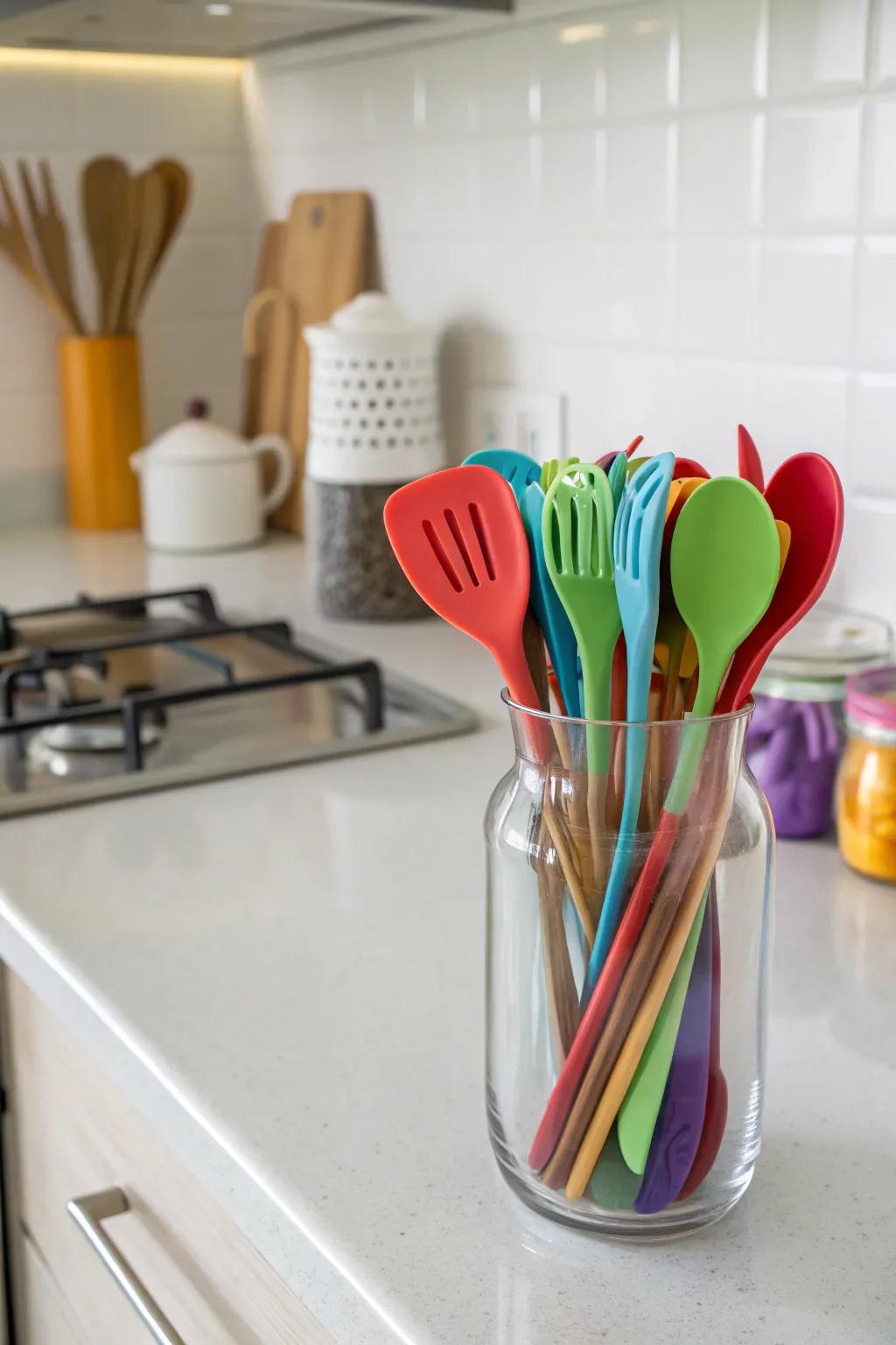 A glass vase elegantly displays your kitchen tools.