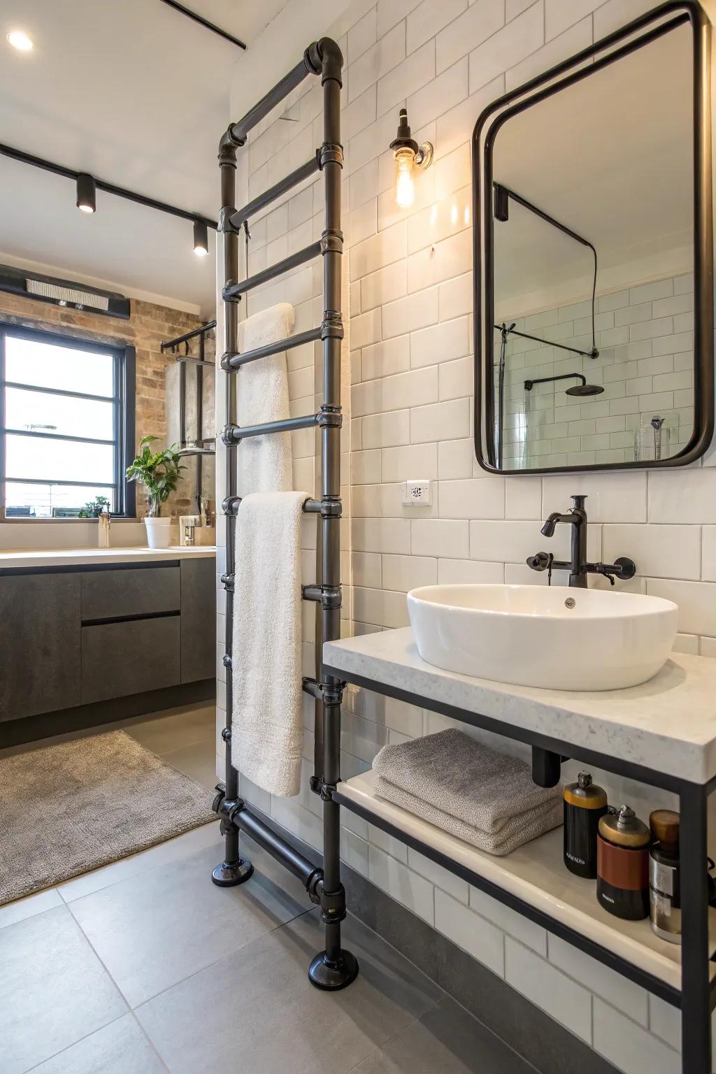 Embrace industrial chic with a towel rack made from metal pipes.