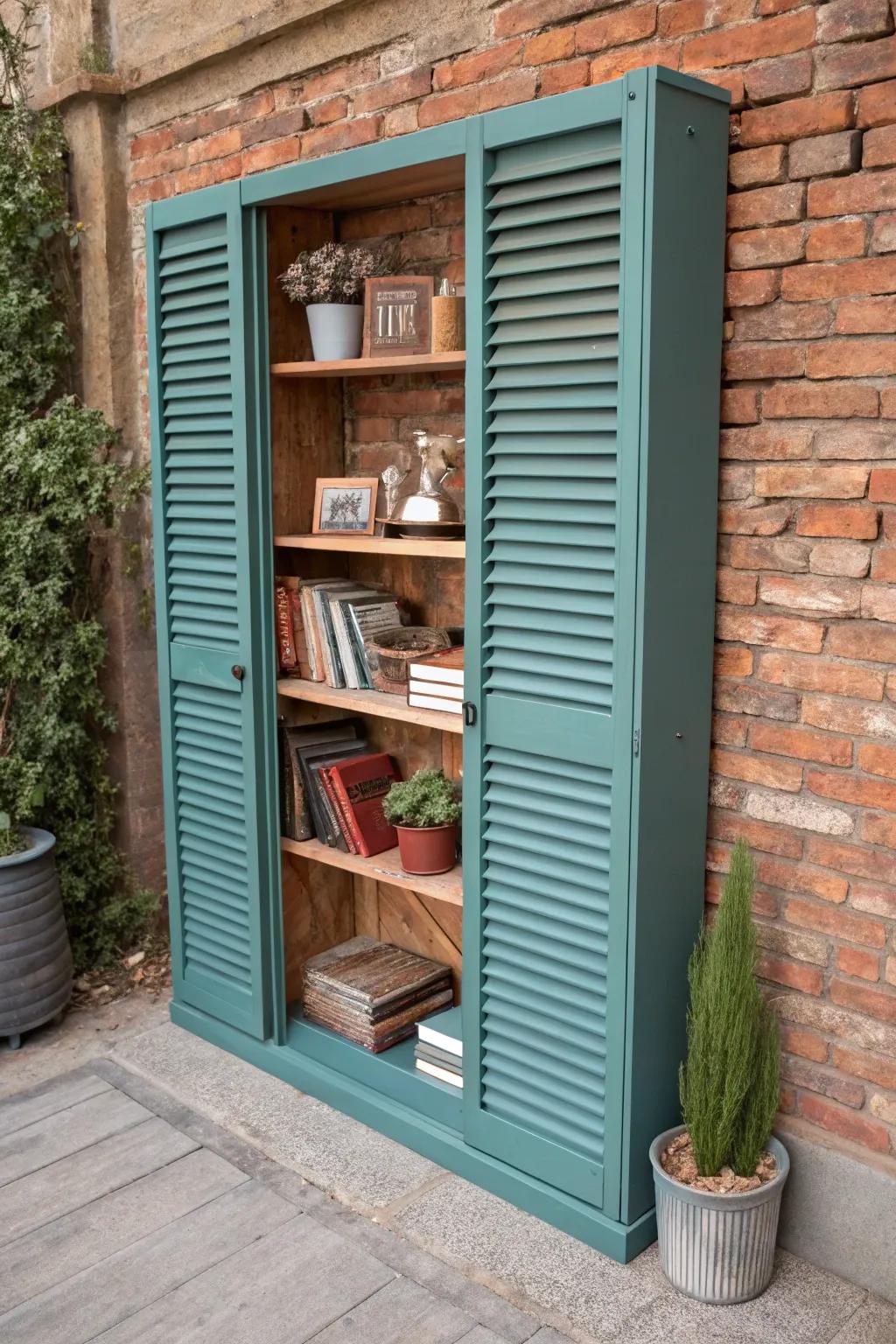 Transform old louvered doors into a striking, handcrafted bookshelf that combines functionality with artistic flair.