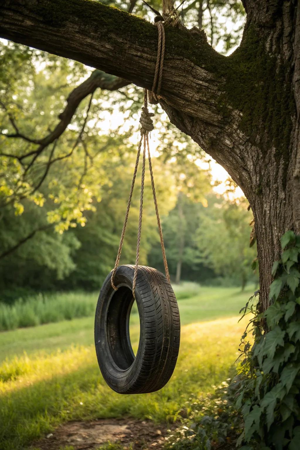 Embrace nostalgia and craftsmanship with this rustic tire swing, a perfect blend of play and nature.