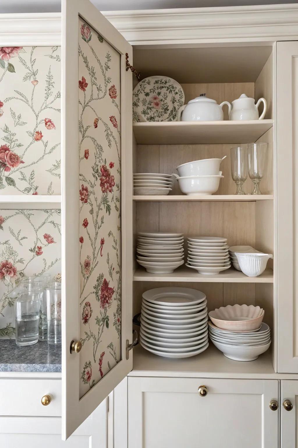 Floral wallpaper adds a delightful surprise inside your cabinet.