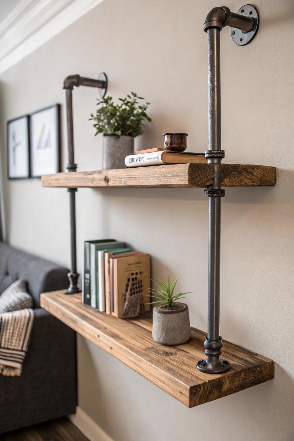 Transform your space with industrial elegance: Upcycled pipe shelving for modern minimalists.